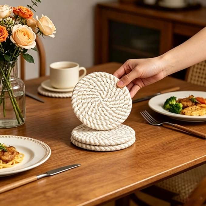 Coasters Set of 8, Cotton Woven, 4.3 inches, Minimalist Home Decor, Wooden - Image 7