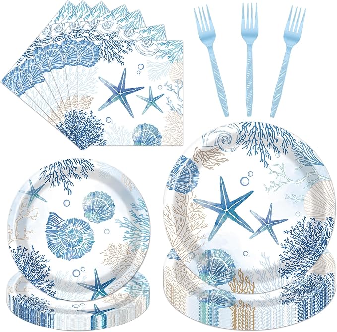 Rakuto Ocean Themed Party Decorations 96PCS Plates Napkins Forks Set | Beach by Rakuto