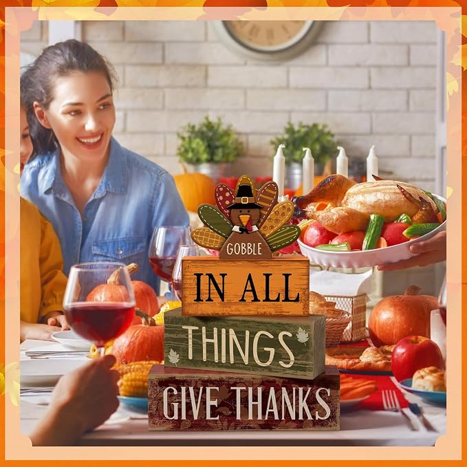 Moucuny 4 Pcs Fall Decorations for Home Wooden Turkey Decor Thanksgiving Tiered - Image 6