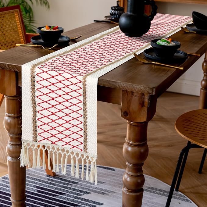 EMMTEEY Macrame Table Runner Boho Style 108 Inches Long, Hexagonal Red | - Image 6