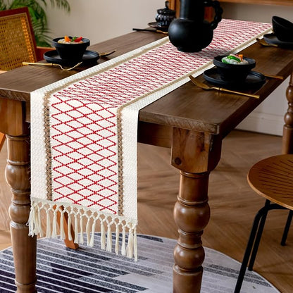 EMMTEEY Macrame Table Runner Boho Style 108 Inches Long, Hexagonal Red | - Image 6