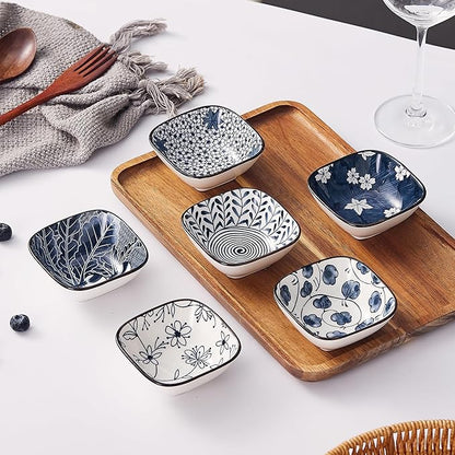 Japanese Style Ceramic Dipping Bowl,3.3'' Small Soy Sauce Dish for Condiments,Blue and White Small Bowl for Ketchup Stackable Side Dish Ramekins- Set of 6 (3.3 inch)