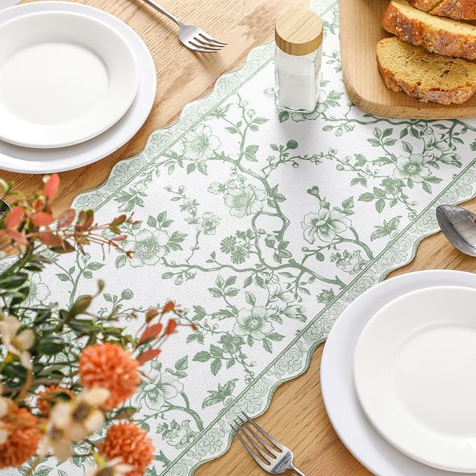 HunnmingRe 71x12 Inch Sage Green Floral Table Runner Vintage Table Runner - Image 4