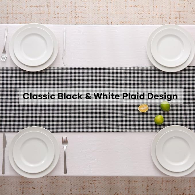 Black White Plaid Gingham Ruffle Table Runner 108 inches Long 100% Washed - Image 4