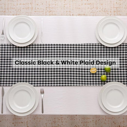Black White Plaid Gingham Ruffle Table Runner 108 inches Long 100% Washed - Image 4