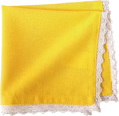 Fingercraft Dinner Cloth Napkin Cotton Linen Blend 12 Pack 12In Mitered Corners with Elegant Lace for Everyday Use Napkins Cloth are Pre Shrunk and Good Absorbency Yellow