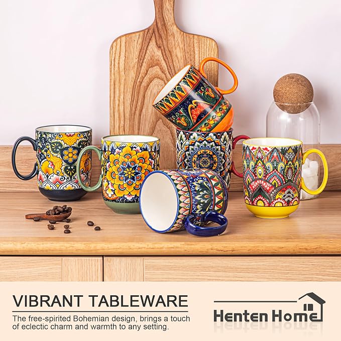 Henten Home Ceamic Coffee Mug Set of 6, 14 oz Colorful Latte Cup - Image 4