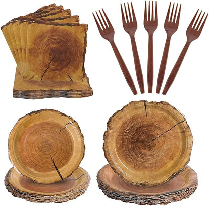 100 Pcs Disposable Rustic Wood Grain Slice Tableware Set by Unknown