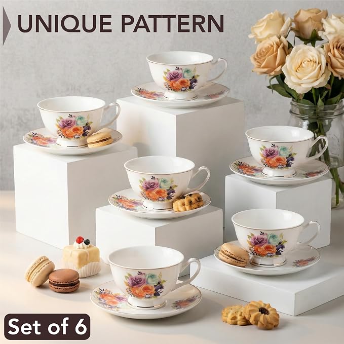 BTaT- Floral Tea Cups and Saucers, 8 oz, Fine Porcelain Teacup Set - Image 2