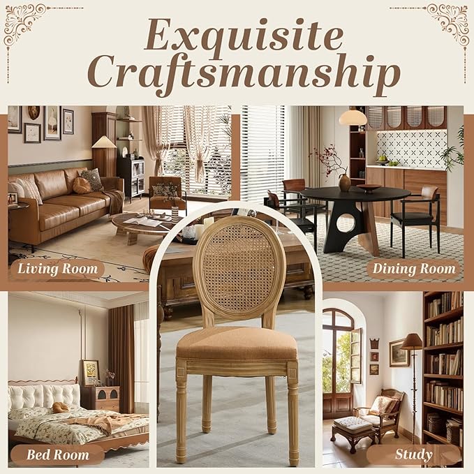 SoarFlash French Dining Chairs Set of 2, Vantage Dining Chair with Round Back, Wood Leg Farmhouse Country Rattan Dining Chair for Kitchen,Bedroom,Brown