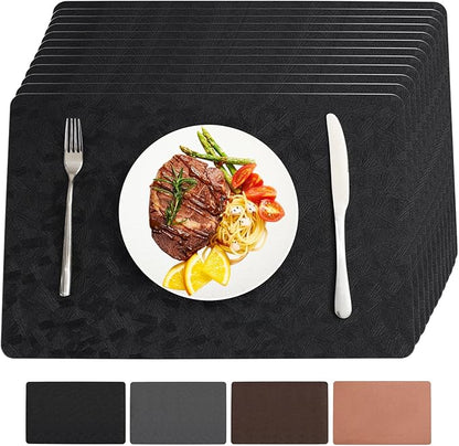 Vinyl Placemats Set of 12 Heat Resistant Easy Clean Non-Slip Place Mats for Dining Table Faux Leather Waterproof Stain Resistant Wipeable Washable PVC Table Mats(12, Black)
