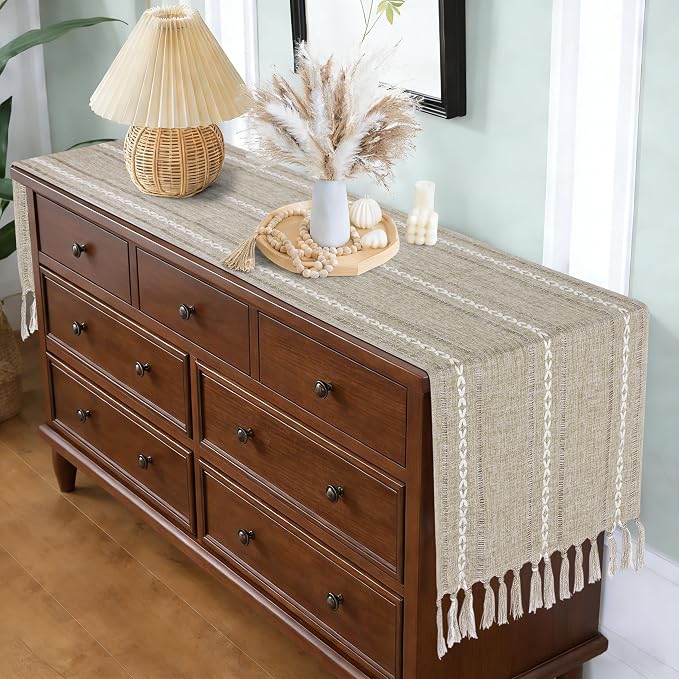 Boho Table Runner 15 x 72 inches Long, Neutral Farmhouse Dresser Runners Cover - Image 4