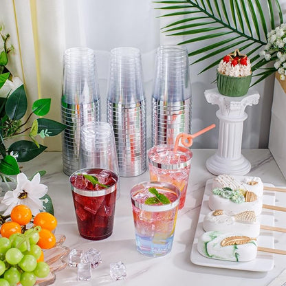supernal 200pcs 10oz Silver Plastic Cups,Disposable Wine Glasses Cocktail Glasses Premium Cups,Party Cocktails Tumblers,Silver Rimmed Plastic Cup for Party,Wedding, Birthday,Thanksgiving Day