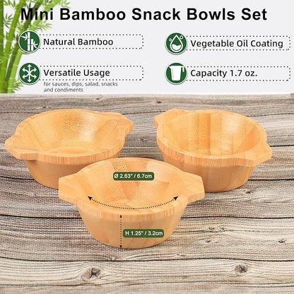 Mini Serving Bowls, 1.7 oz Small Bamboo Dipping Sauce Bowls with Handles for Charcuterie Boards/Side Dishes, Tart-shaped Pinch Bowl for Condiments/Snacks/Other Finger Foods, Set of 4