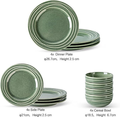 GBHOME Ceramic Dinnerware Sets,12 pcs Embossed Elegant Stoneware Plates and Bowls Sets, Housewarming Wedding Gift | Dishwasher & Microwave Safe | Dishes Set Service for 4,Dark Green