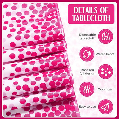 Breling 8 Pack White and Hot Pink Disposable Plastic Tablecloths and Satin Table Runner Set, 54 x 108 Inch Tablecloth, 12 x 108 Inch Table Runners for Birthday Baby Shower Wedding Graduation
