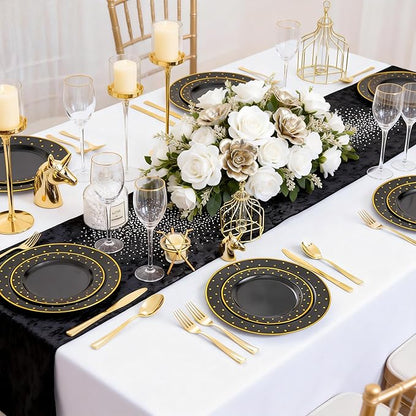 I00000 102 Pcs Black and Gold Plastic Plates, Black Disposable Party Plates Include 51 Dinner Plate 10.25’’ and 51 Dessert Plate 7.5’’ Perfect for Birthday, Wedding & Party