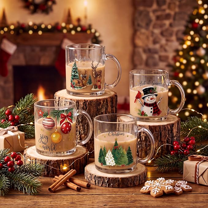 Tioncy 4 Pcs Christmas Glass Coffee Mugs 12 oz | Reindeer Snowman Tree Designs - Image 2