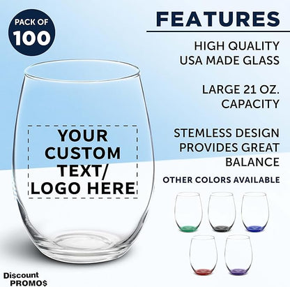 DISCOUNT PROMOS 100 ARC Stemless Wine Glasses Set, 21 oz. - Customizable Text, Logo - Chardonnay, Cabernet, Merlot, Sauvignon - Clear