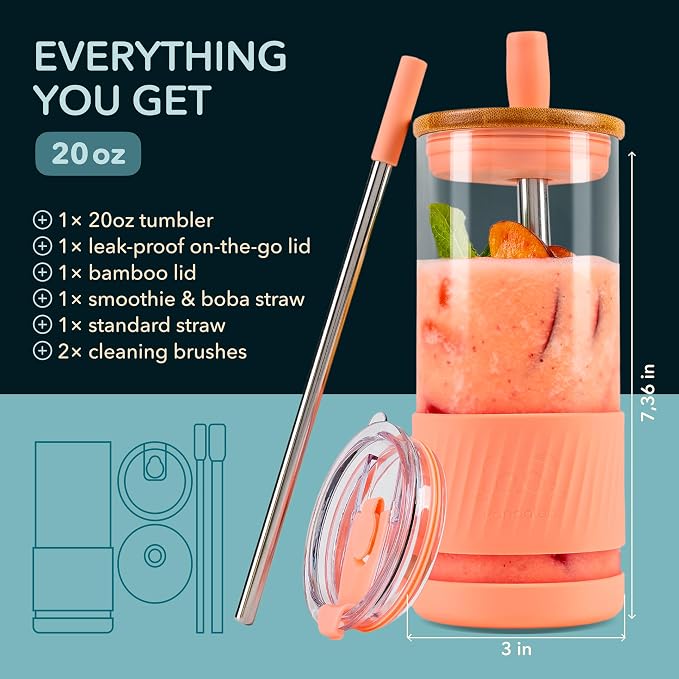 Pandaloo® Glass Cups With Lids and Straws -20 Fl Oz- Perfect Size Iced Coffee - Image 2