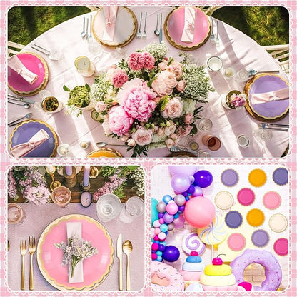 48 Pcs Purple Sun Paper Plates 9 Inch Gradient Scalloped Paper Plates Disposable Dinner Dessert for Birthday Wedding Bridal Party Supplies, 6 Colors