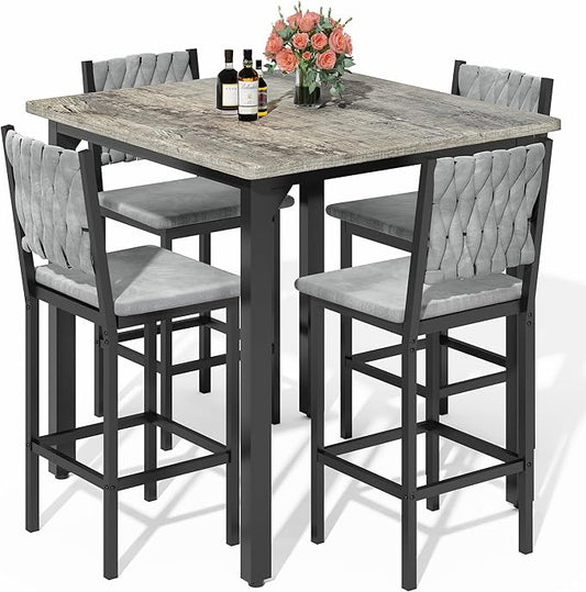 AWQM 5-Piece Dining Table Set, Dining Table Set for 4, Counter Height Table & 4 Velvet Bar Stools, Modern Kitchen Dining Set, Compact Dining Set for Small Spaces (Gray & Velvet Chairs)