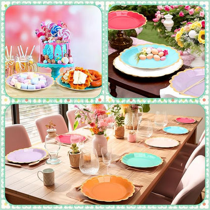 96 Pcs Candy Rainbow Paper Plates 9 Inch Pastel Scalloped Disposable Colorful Dinner Dessert Plates for Birthday Wedding Bridal Carnival Tea Party Supplies, 6 Colors