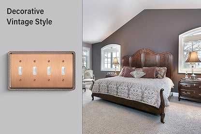 Henne Bery Rope Edge Decorative Wall Plate Switch Plate Outlet Cover (Quad Toggle, Antique Copper)