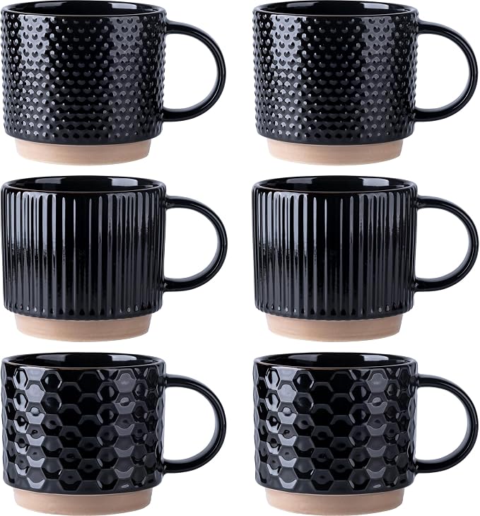 GBhome 12 OZ Stackable Coffee Mugs Set of 6, Ceramic Black Coffee Cups Set | 3 by GBhome