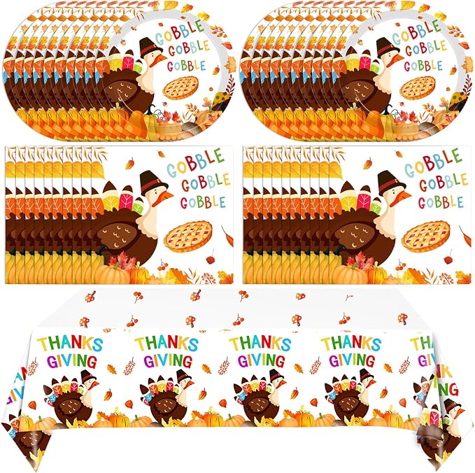 Turkey Thanksgiving Party Supplies Set, Autumn Harvest Disposable Dinnerware by Mainivo