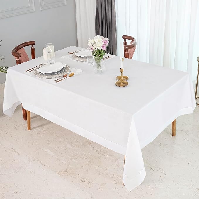 D'Moksha Homes White Linen Tablecloth for Rectangle Tables 60 x 102 Inch - Classic Hemstitch 100% Pure Linen White Table Cloth - Machine Washable Dining Tablecloth for Valentines, Spring, Easter