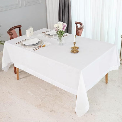 D'Moksha Homes White Linen Tablecloth for Rectangle Tables 60 x 132 Inch - 100% Pure Linen White Table Cloth - Classic Hemstitch, Machine Washable Dining Tablecloth for Valentines, Spring, Easter