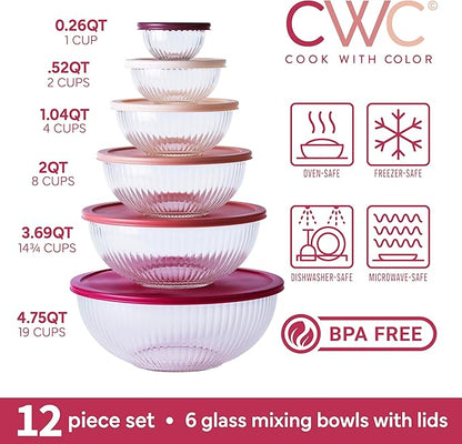COOK WITH COLOR 12 Pc Glass Mixing Bowl Set with Lids – Borosilicate Glass Nesting Bowls for Cooking, Baking and Meal Prep, Fluted Rose
