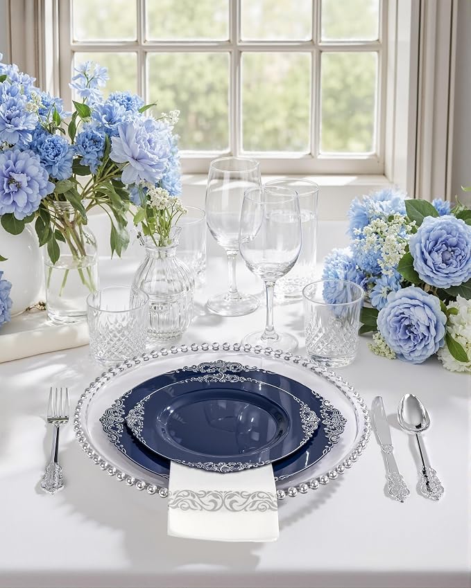 350 Pcs Blue Silver Plates for Graduation | Blue Party Plates Set for 50 Guests - Image 9