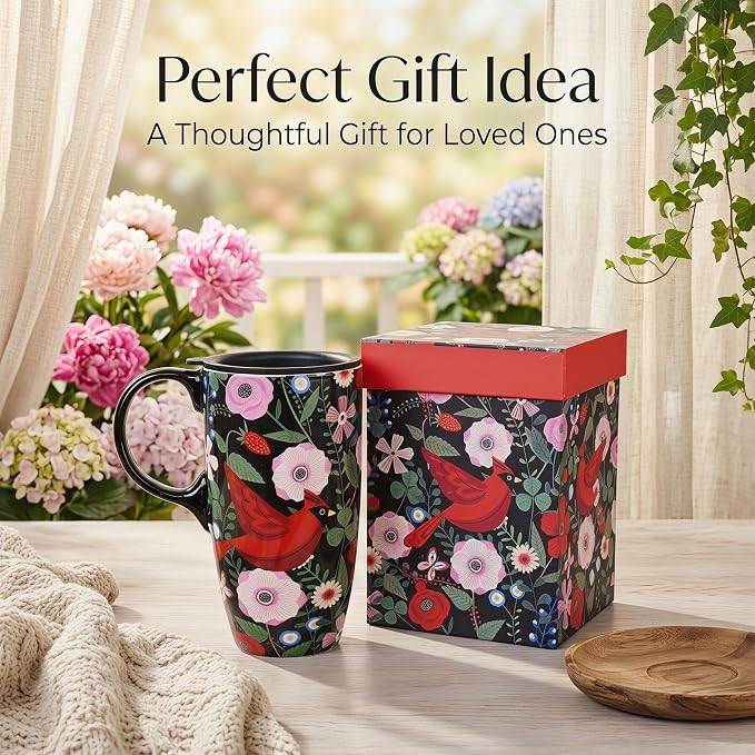 Topadorn 17oz Ceramic Mug with Lid&Gift Box, Scandinavian Floral Botanical | - Image 5