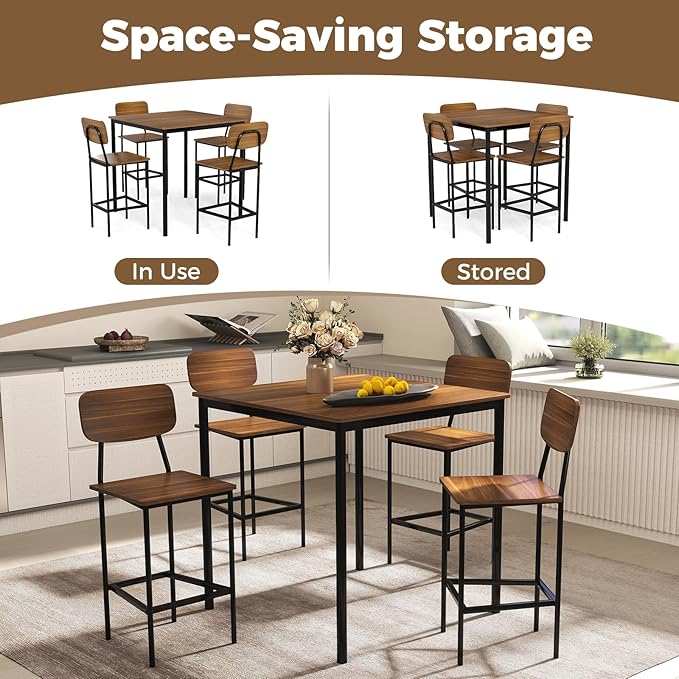 COSTWAY Dining Table Set for 4, 5-Piece Square Kitchen Nook Dinette Set with 4 Bar Stools with Footrest, Backrest, Space-Saving Design, Industrial Kitchen Table and Chairs for Apartment, Brown