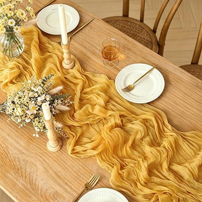 6Pcs Yellow Table Runner, 10FT Rustic Gauze Gold Table Runner 35*120inch Boho - Image 2