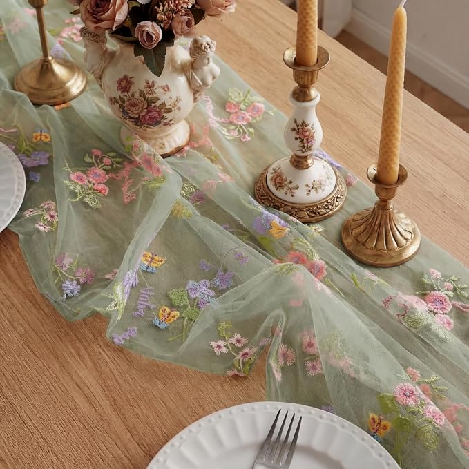 Sage Green Floral Table Runner 10ft Embroidery Tulle Spring Wildflower Gauze - Image 2