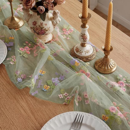 Sage Green Floral Table Runner 10ft Embroidery Tulle Spring Wildflower Table - Image 4