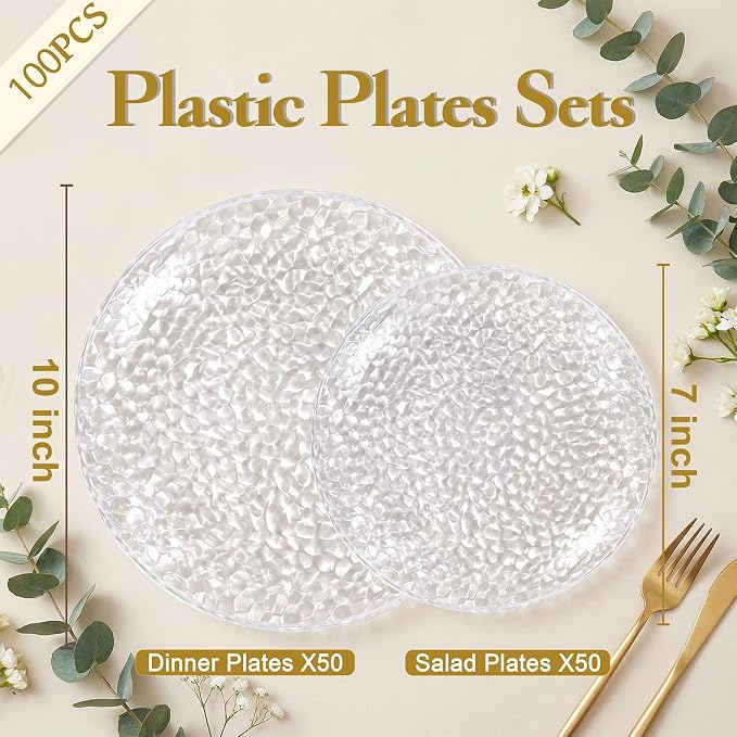 Rubtlamp 100Pcs Clear Plastic Plates, Heavy Duty Party Plates, Hammered - Image 2