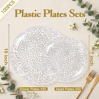 Rubtlamp 100Pcs Clear Plastic Plates, Heavy Duty Party Plates, Hammered - Image 2