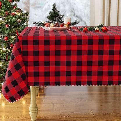 misaya Rectangle Waterproof Vinyl Table Cloth, Buffalo Flannel Backed Tablecloth, Wipeable Plastic Table Cover for Christmas (52" x 70", Red and Black)
