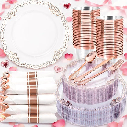 Ciaell 350 PCS Rose Gold Plastic Plates - Rose Gold Disposable Plates Dinnerware Include 50 Disposable Plate, 50 Heavy Duty Silverware, 50 Cups, 50 Napkins for Wedding & Party & Anniversary