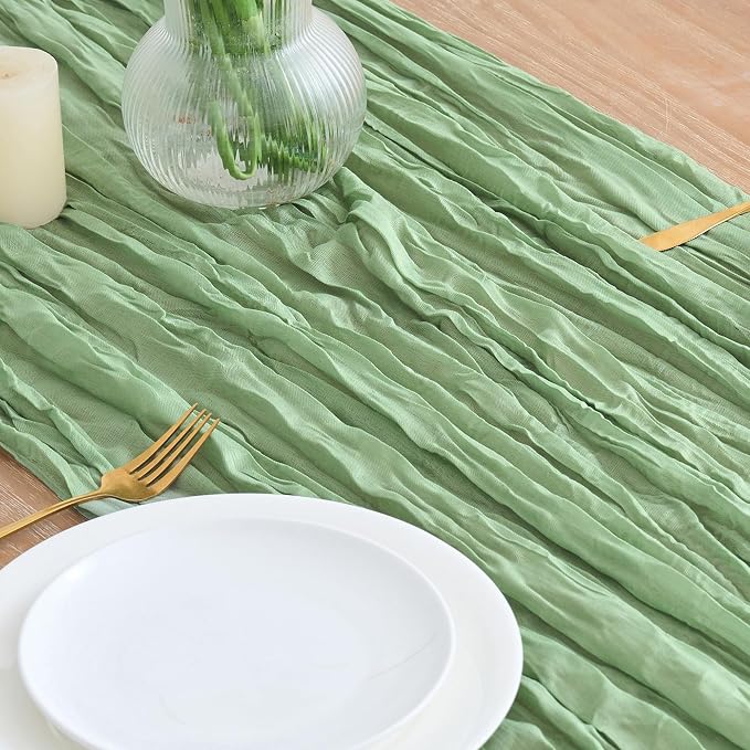 Asee'm 2pcs Sage Green Cheesecloth Table Runner Summer 10FT Gauze Sheer | Boho - Image 3