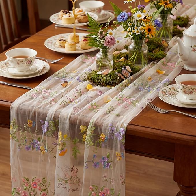 Ivory White Floral Table Runner 10ft Embroidery Tulle Spring Wildflower Table by Windkream