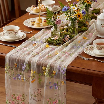 Ivory White Floral Table Runner 10ft Embroidery Tulle Spring Wildflower Table by Windkream