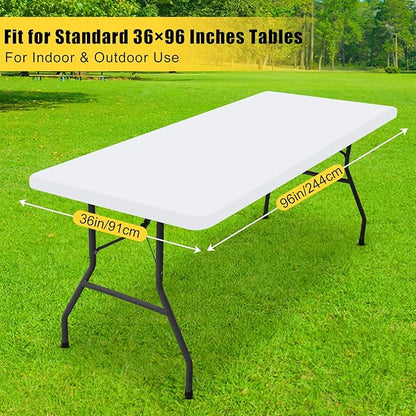 Smiry Rectangle Tablecloth, Elastic Fitted Flannel Backed Vinyl Tablecloths for 8ft Folding Tables, Waterproof Wipeable Table Covers for Indoor, Outdoor, Picnic and Camping (White, 36"x96")