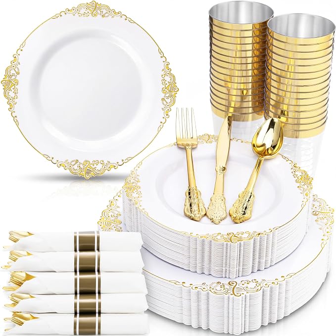 Nervure 350Pcs Gold Plastic Plates, Disposable Dinnerware Set by Nervure