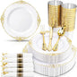 Nervure 350Pcs Gold Plastic Plates, Disposable Dinnerware Set by Nervure