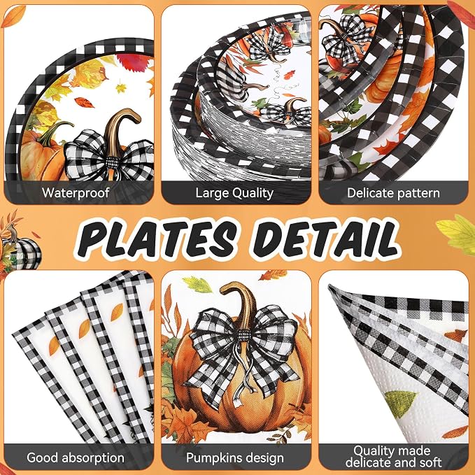 Funnymoom 250 Pcs Pumpkin Fall Paper Plates and Napkins Party Supplies Black - Image 2